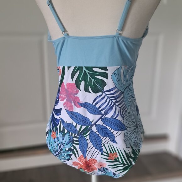 Binlowis V-Neck Push up One Piece Swimsuit Blue/Floral Print XL NWT - Picture 5 of 9